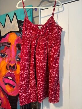 FLOWERS Red Polka Dot Sundress Smocked Empire Waist Lined XL
